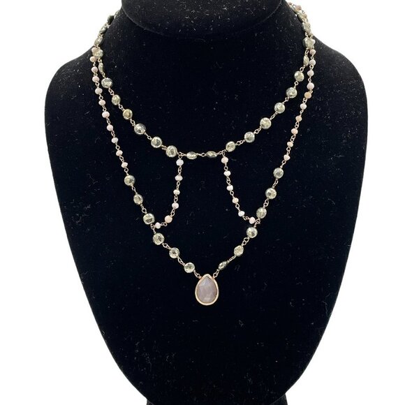 Ela Rae Cleo Caged Necklace Pink Opal Pyrite Coin 14K Plated Sterling - Picture 2 of 6